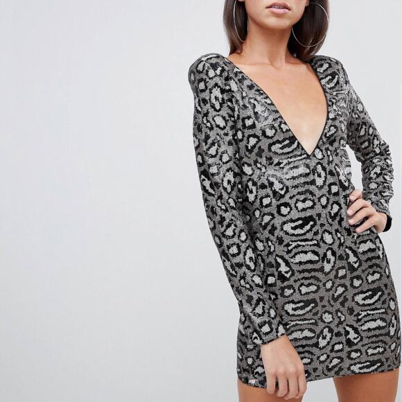 Revolve Club London Sequin Leopard Print Long Sleeve Mini Cocktail Party Dress - Picture 11 of 13